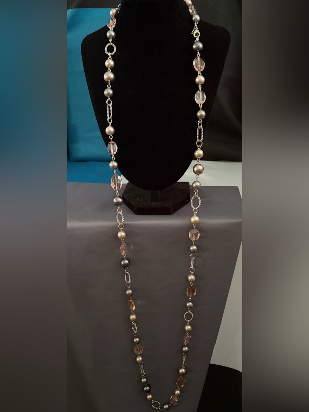 Premier Design Elegant Pearl and Crystal Long Necklace - Gray and Champagne
